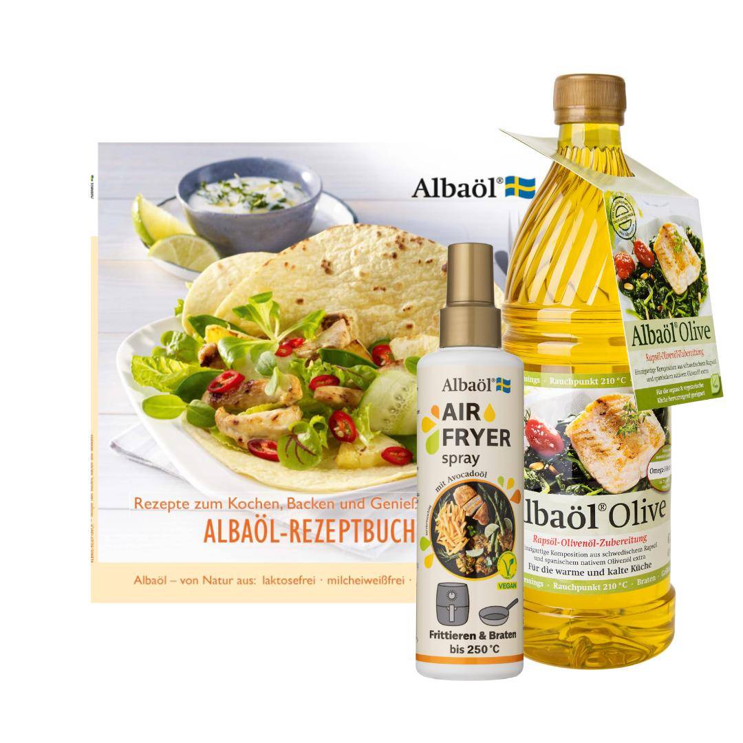 Spar-Set - Rezeptbuch "Rezepte zum Kochen, Backen und Genießen"  + Air Fryer Spray, 190 ml Flasche + Albaöl Olive, 750 ml Flasche