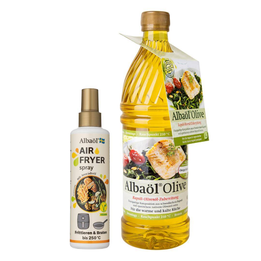 Spar-Set - Air Fryer Spray, 190 ml Flasche + Albaöl Olive, 750 ml Flasche